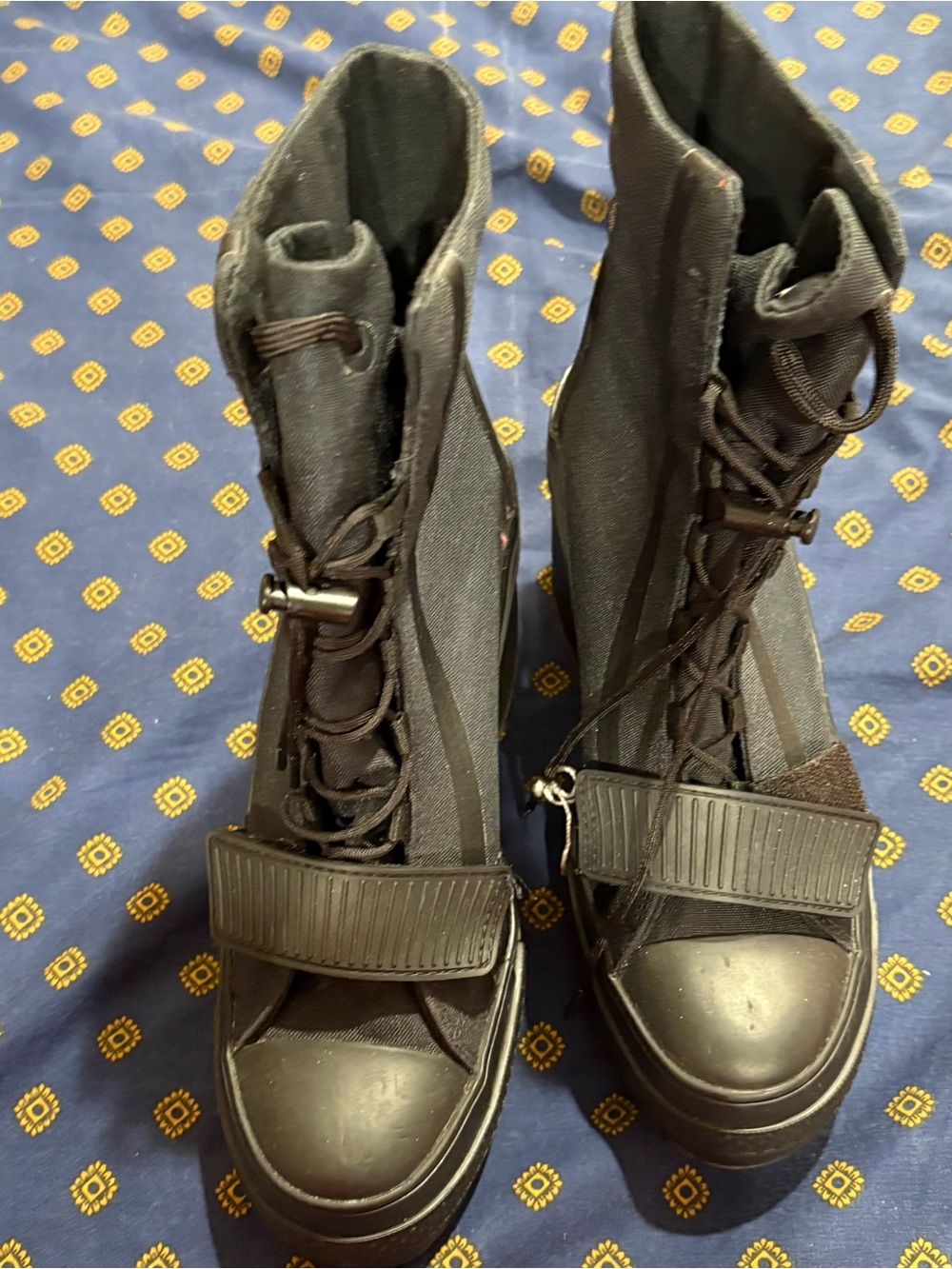 Converse Black Lace-Up Platform Combat Boots with Front Strap